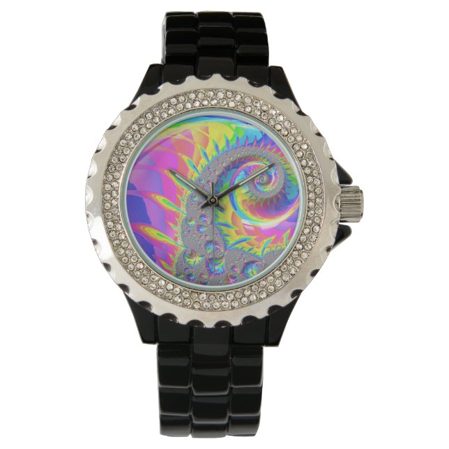 Neon Rainbow Spirale Fraktal Abstrakte Digitale Ku Armbanduhr (Vorderseite)