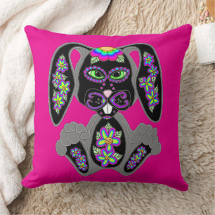 Neon Rainbow Sugar Skull Bunny Kissen