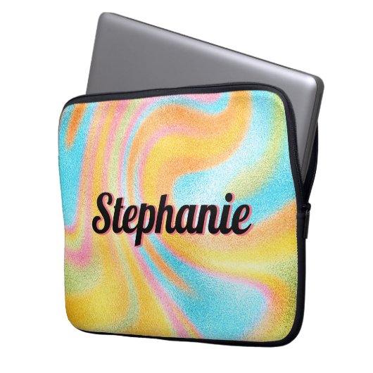 Neon Rainbow Swirl Personalisierter schwarzer Name Laptopschutzhülle (Vorderseite Links)