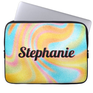 Neon Rainbow Swirl Personalisierter schwarzer Name Laptopschutzhülle