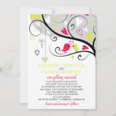 Neon Red and Yellow Whimsical Lovebirds Wedding Einladung (Vorderseite)