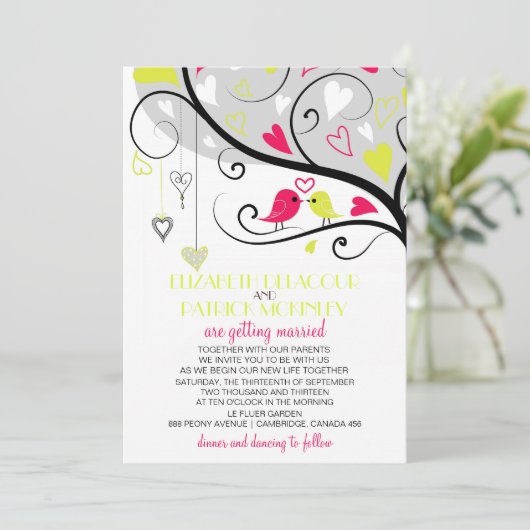 Neon Red and Yellow Whimsical Lovebirds Wedding Einladung (Stehend Vorderseite)
