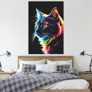 Neon-Regenbogen-Katzenporträt – Moderne Farbigkeit Leinwanddruck