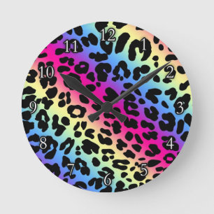 Neon-Regenbogen-Leopard-Muster - Druck Runde Wanduhr