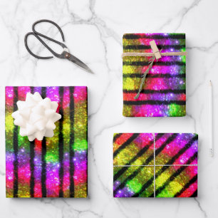 Neon-Regenbogen-Schimmer-Streifen Geschenkpapier Set