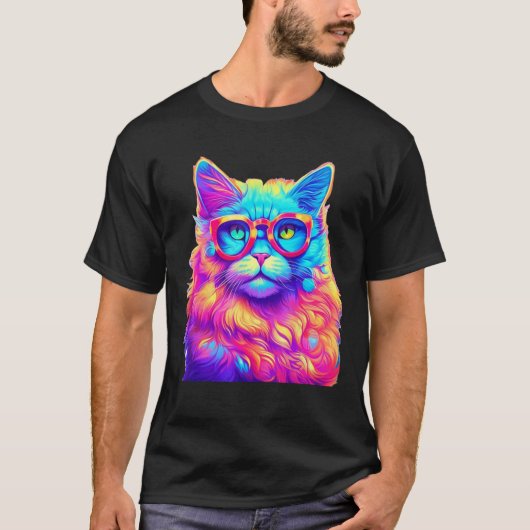 Neon-Regenbogenkatze mit Brille Abstrakte Helle P T-Shirt (Vorderseite)