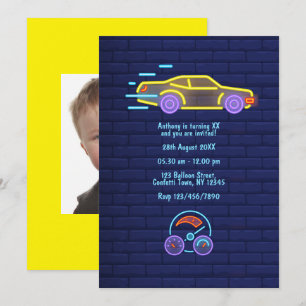 Neon-Rennwagen-Geburtstagsfeier-Foto Einladung