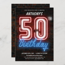 Neon Retro 50. Geburtstagsparty Einladung