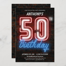 Neon Retro 50. Geburtstagsparty Einladung