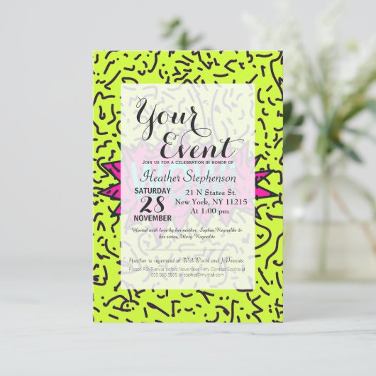 Neon Retro 80's 90's Scribbled Wow!Typografie Einladung (Stehend Vorderseite)