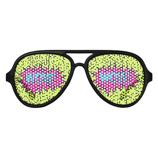 Neon Retro 80's 90's Scribbled Wow! Typografie Sonnenbrille (Vorderseite)
