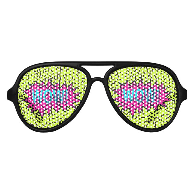 Neon Retro 80's 90's Scribbled Wow! Typografie Sonnenbrille (Vorderseite)