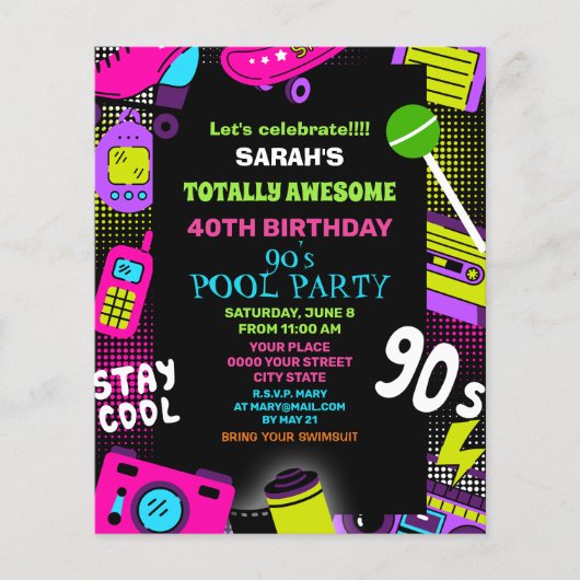 Neon Retro 90's Birthday Pool Party Einladung (Vorderseite)