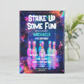 Neon Retro Bowling erwischt Spaß im Party Einladung (Stehend Vorderseite)