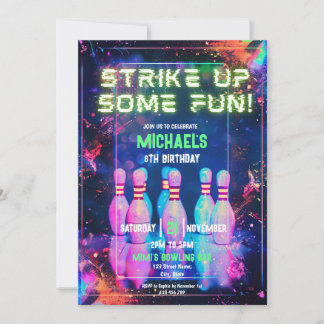 Neon Retro Bowling erwischt Spaß im Party Einladung