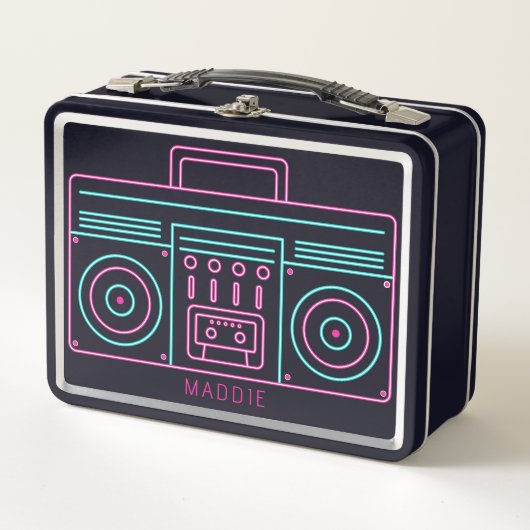 Neon Retro Cassette Player Individuelle Name Metall Brotdose (Vorderseite)