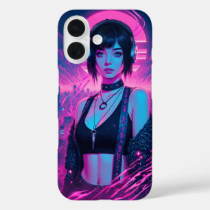 Neon Retro Cyber Punk Rock Girl Poster iPhone 16 Hülle