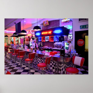 Neon Retro Diner Schwarz Weiß Kariert Poster