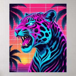 Neon Retro Jaguar - Lebhafter Synthwave 80er Anima Poster