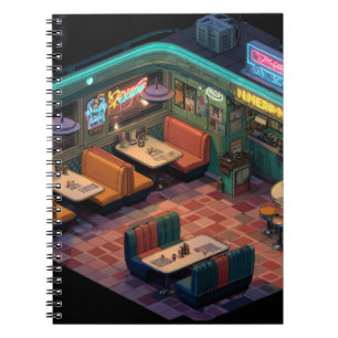 Neon Retro Pixel Diner Scene Notebook Notizblock