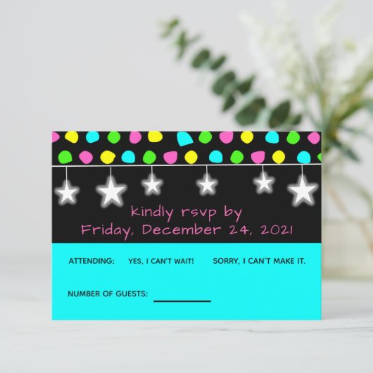 Neon Retro Stars Glow Party RSVP Card (Stehend Vorderseite)