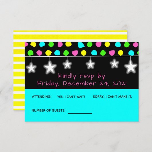 Neon Retro Stars Glow Party RSVP Card (Vorne/Hinten)