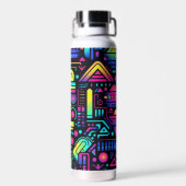 Neon Retro Tech Pattern Water Bottle or Tumbler Trinkflasche (Rückseite)
