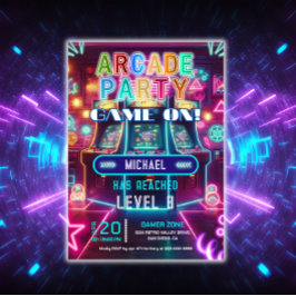 Neon Retro Video Arcade Gaming Geburtstagsparty Einladung