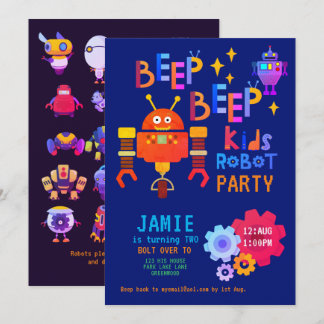 NEON ROBOT 2. Geburtstag Party Boy Girl Funny Einladung