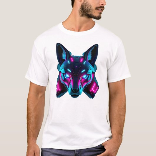 Neon Robotic Fox Face Art T-Shirt (Vorderseite)