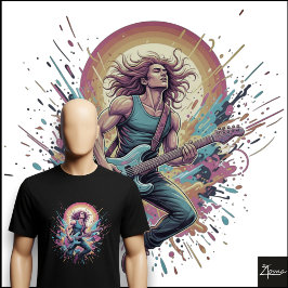 Neon-Rock-Gitarrist springt mit Farbklecksern T-Shirt