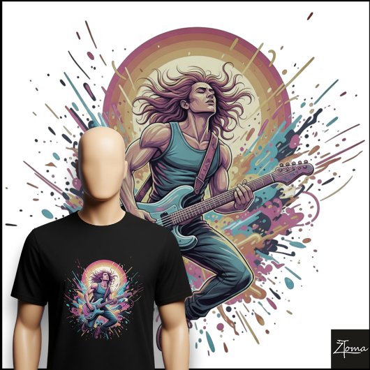 Neon Rock Guitarist Jumping Paint Splatter T-Shirt