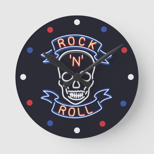 Neon Rock'n'Roll Skull Red Blue White Wall Clock Runde Wanduhr (Vorderseite)