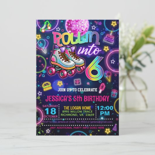 Neon Roller Skate 6. Geburtstag Einladung (Stehend Vorderseite)