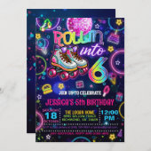 Neon Roller Skate 6. Geburtstag Einladung (Vorne/Hinten)