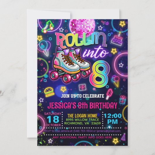 Neon Roller Skate 8. Geburtstag Einladung (Vorderseite)