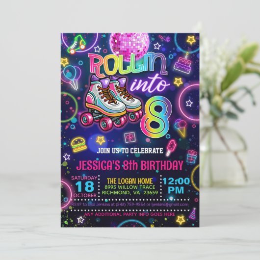 Neon Roller Skate 8. Geburtstag Einladung (Stehend Vorderseite)