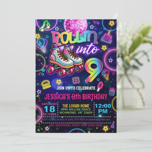 Neon Roller Skate 9. Geburtstag Einladung (Stehend Vorderseite)