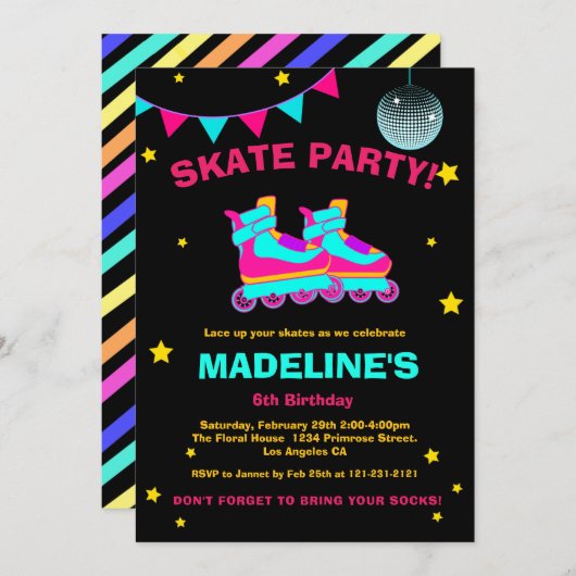 Neon Roller Skate Chalkboard Diskotheken Geburtsta Einladung (Vorne/Hinten)