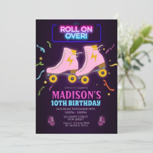 Neon Rollerskating Einladung zum Geburtstag (Stehend Vorderseite)