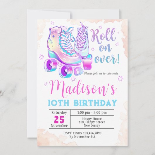 Neon Rollerskating Einladung zum Geburtstag (Vorderseite)