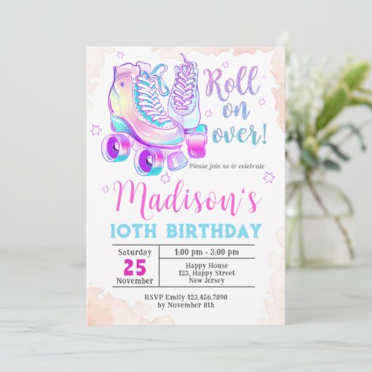 Neon Rollerskating Einladung zum Geburtstag (Stehend Vorderseite)