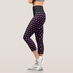Neon rosa Flamingo Vogel drucken schwarze Taille Capri Leggings