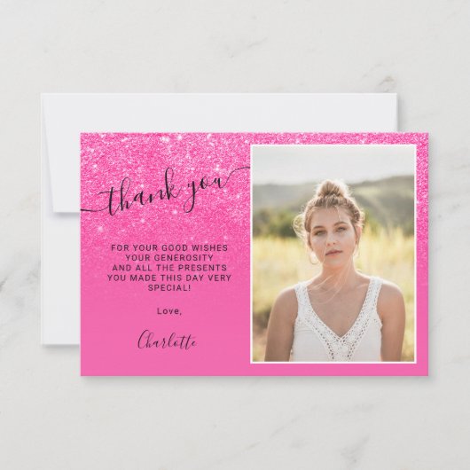 Neon rosa Glitzer ombre trendy Fotos Sweet 16 Dankeskarte (Vorderseite)