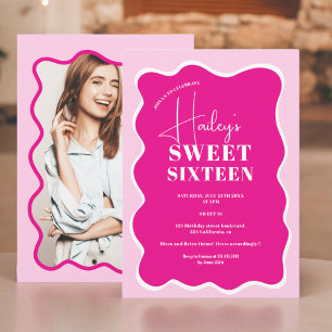 Neon rosa Kurve quiggle wavy Foto Sweet 16 Einladung