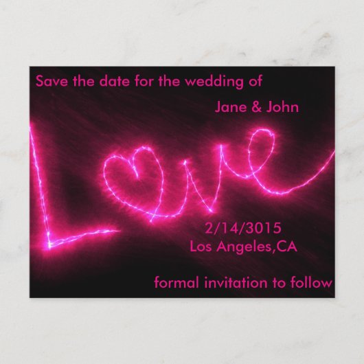 Neon-Rosa-Liebe Save the Date Hochzeitskarte Ankündigungspostkarte (Vorderseite)