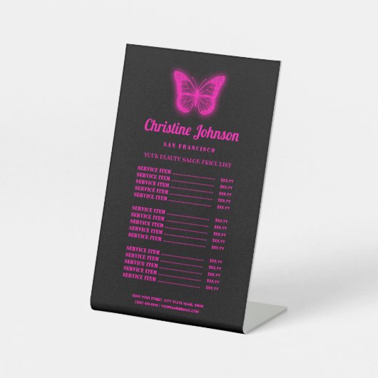 Neon-Rosa-Schmetterling-Logo Preisliste Podest-Zei Sockelschild (Vorderseite)