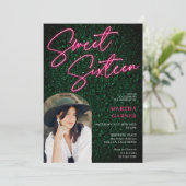 Neon rosa Zeichen Drehschrift grünes Foto Bogen Sw Einladung (Stehend Vorderseite)