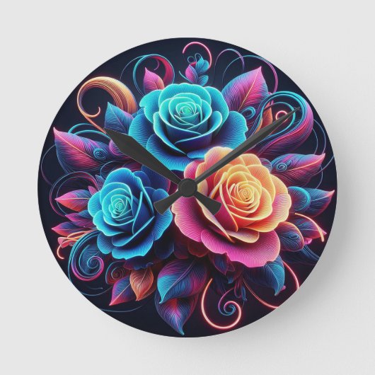 Neon Rose Runde Wanduhr (Vorderseite)