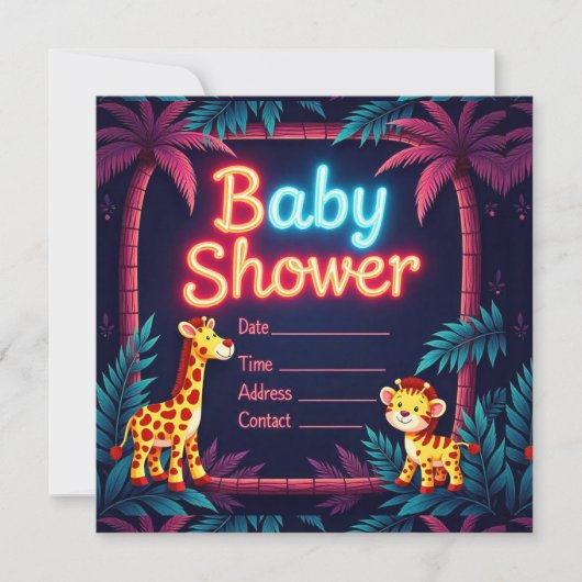 Neon Safari-Themed Kinderdusche Einladung (Vorderseite)